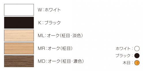 W：ホワイト、K：ブラック、ML：オーク(柾目・淡色)、MR:オーク(柾目)、MD:オーク(柾目・濃色)
